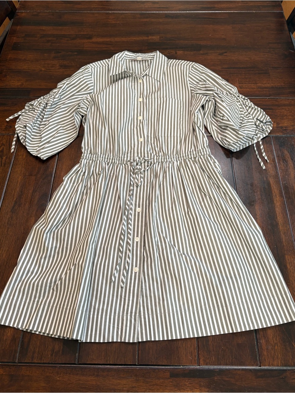 LOFT Striped Button-Down Shirt Dress with Ruched Sleeves, Size 4